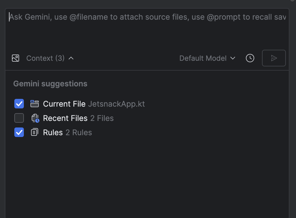 The Context pop-up in the Gemini chat window, showing the Rules option enabled
