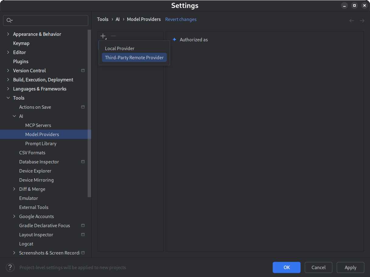 Settings dialog with the Local Provider and Third-Party
         Remote Provider options available.