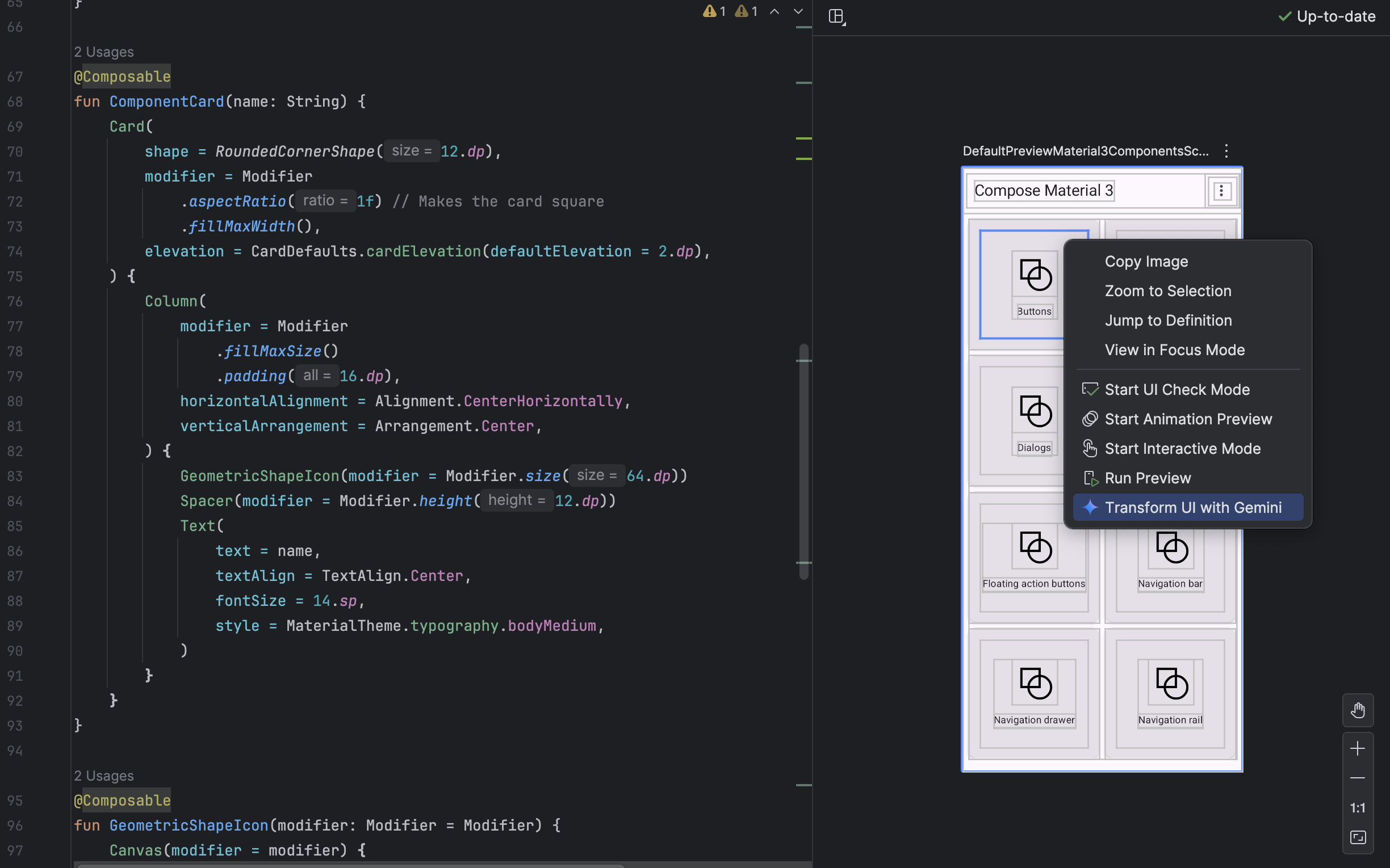 Android Studio affichant un aperçu Compose avec un élément d'UI sélectionné et le chat Gemini.