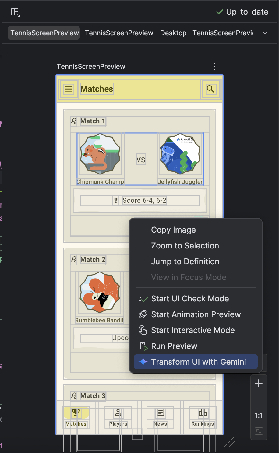 "Transform UI with Gemini" en el menú contextual