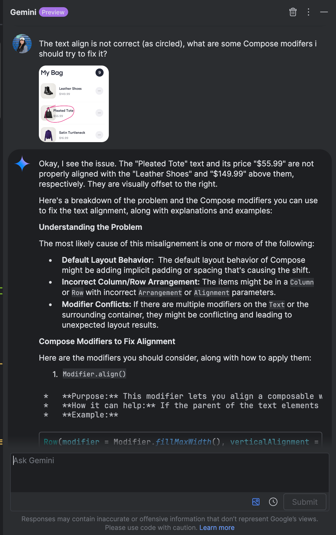 Ein Screenshot einer mobilen App, auf dem ein UI-Fehler zu sehen ist, bei dem sich ein Textelement überlappt oder falsch ausgerichtet ist. Der Fehler ist mit einem roten Kreis hervorgehoben.