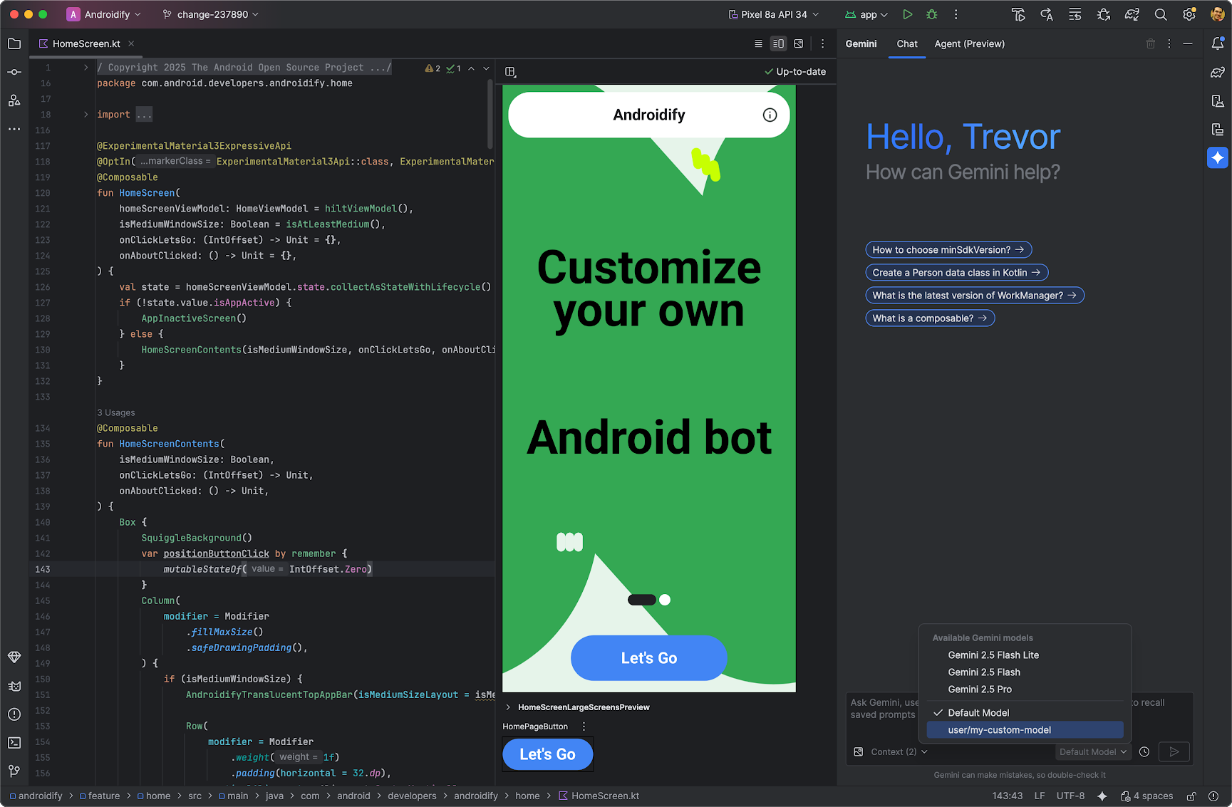 Finestra di chat di Android Studio Gemini che mostra il selettore di modelli con le opzioni per Gemini e un LLM locale.