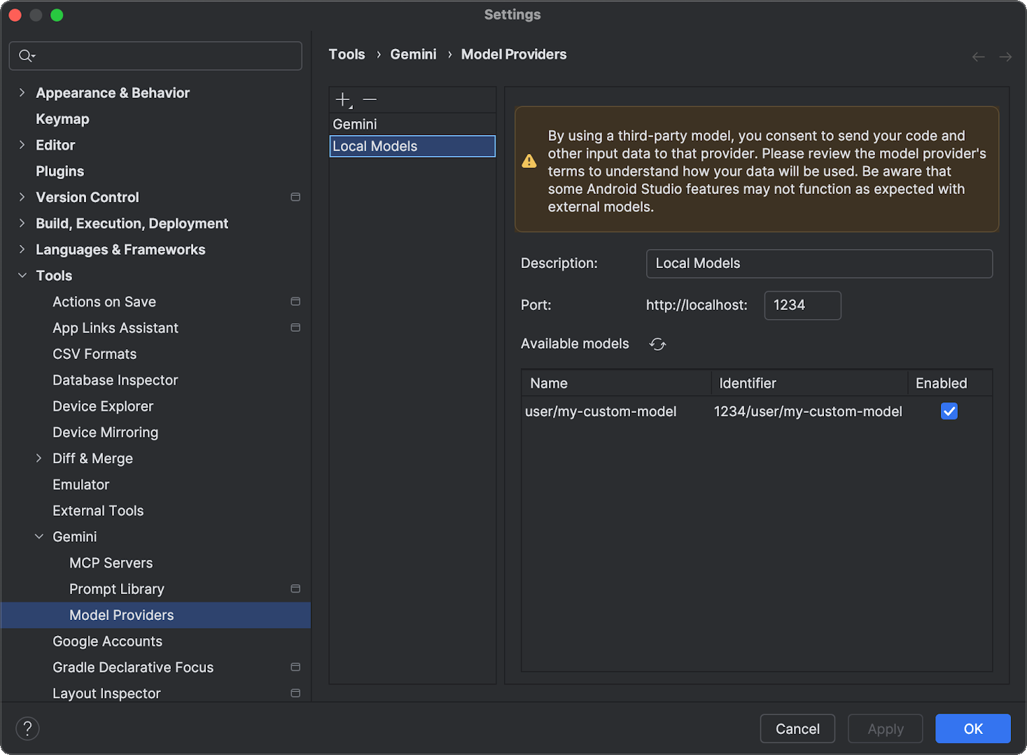 Android Studio settings dialog showing the Gemini section with an option to enable offline mode.