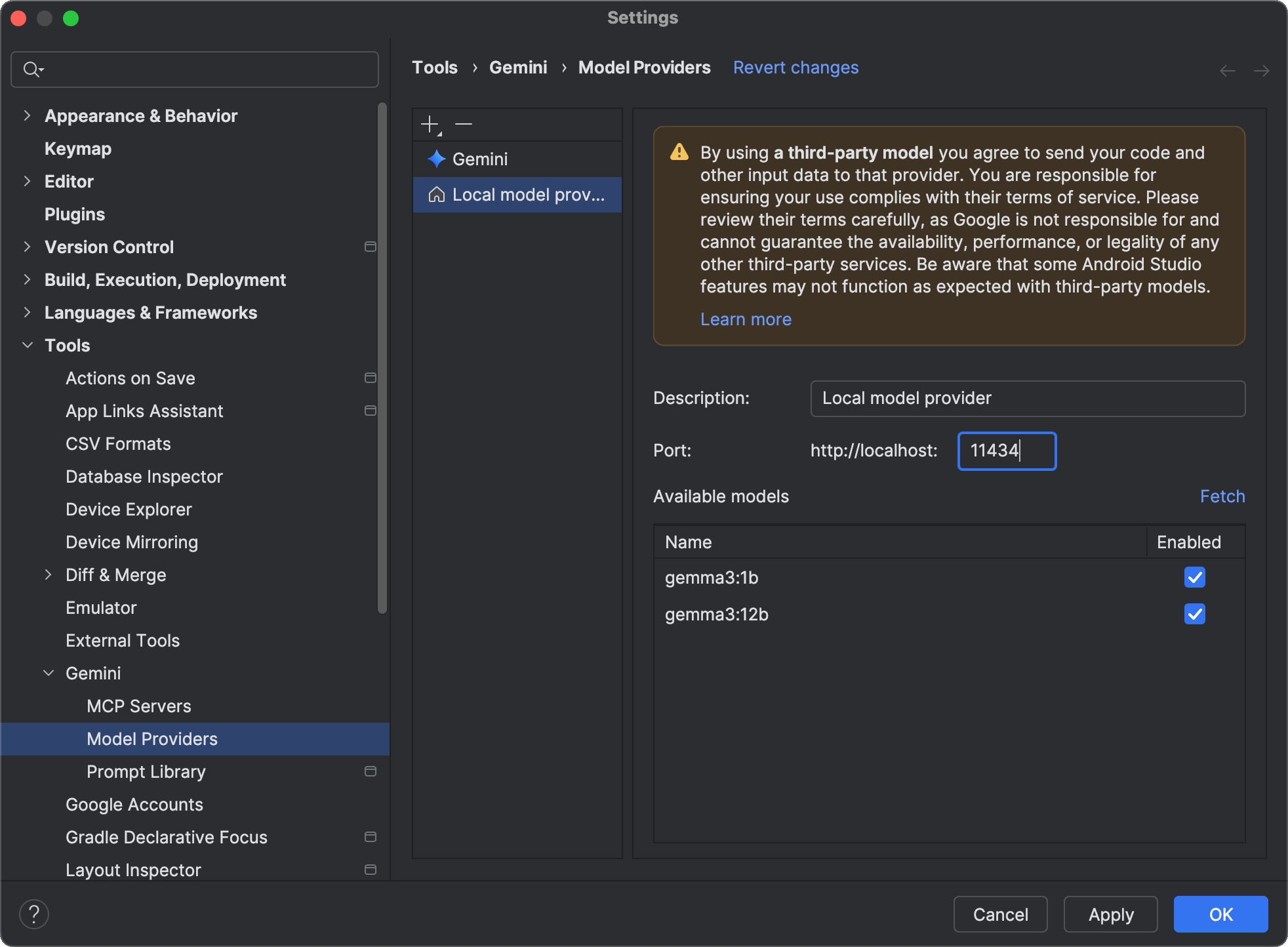 گفتگوی تنظیمات Android Studio که بخش Gemini را با گزینه ای برای فعال کردن حالت آفلاین نشان می دهد.