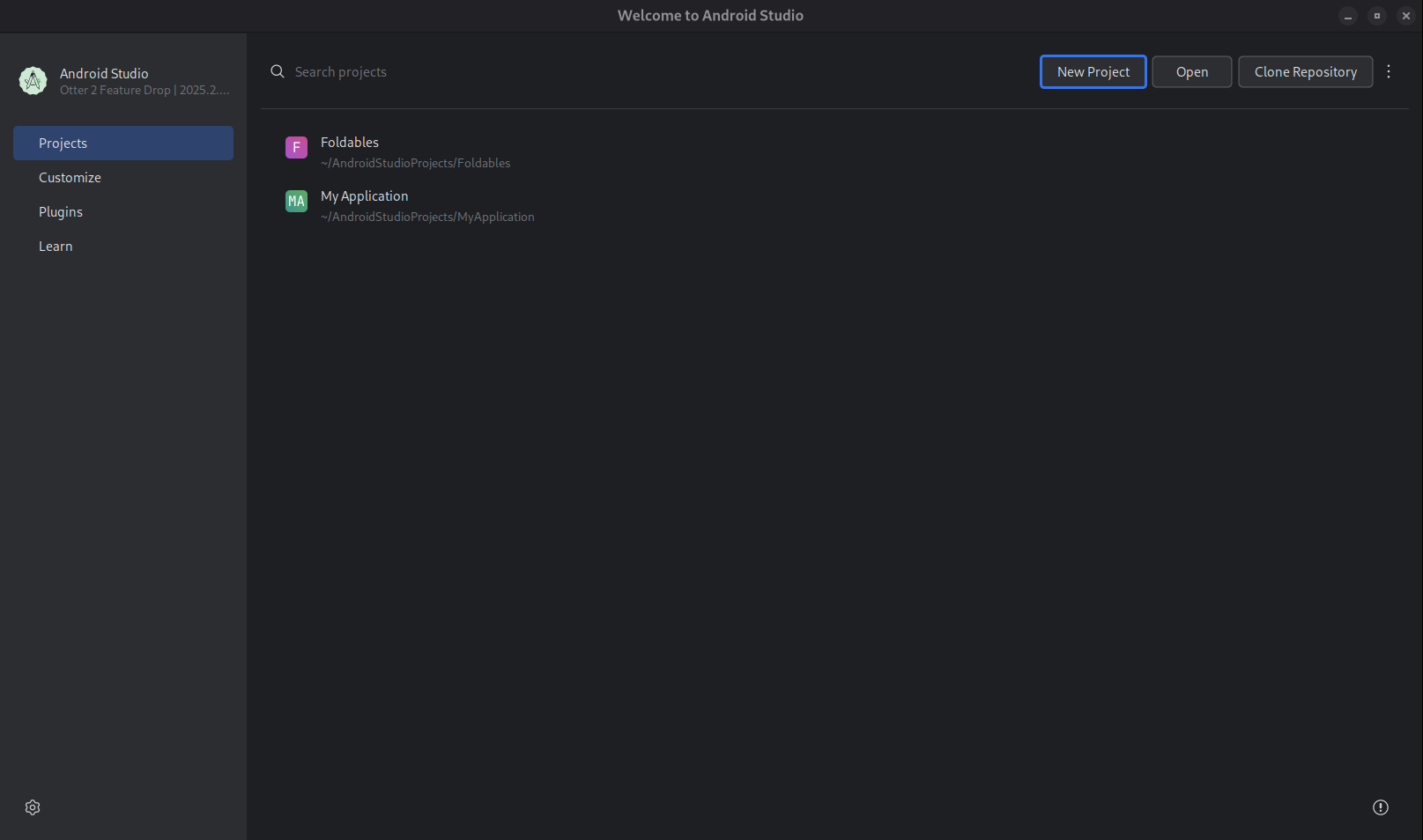 A tela &quot;Welcome to Android Studio&quot;, que tem os botões &quot;New Project&quot;, &quot;Open&quot; e &quot;Clone Repository&quot;.