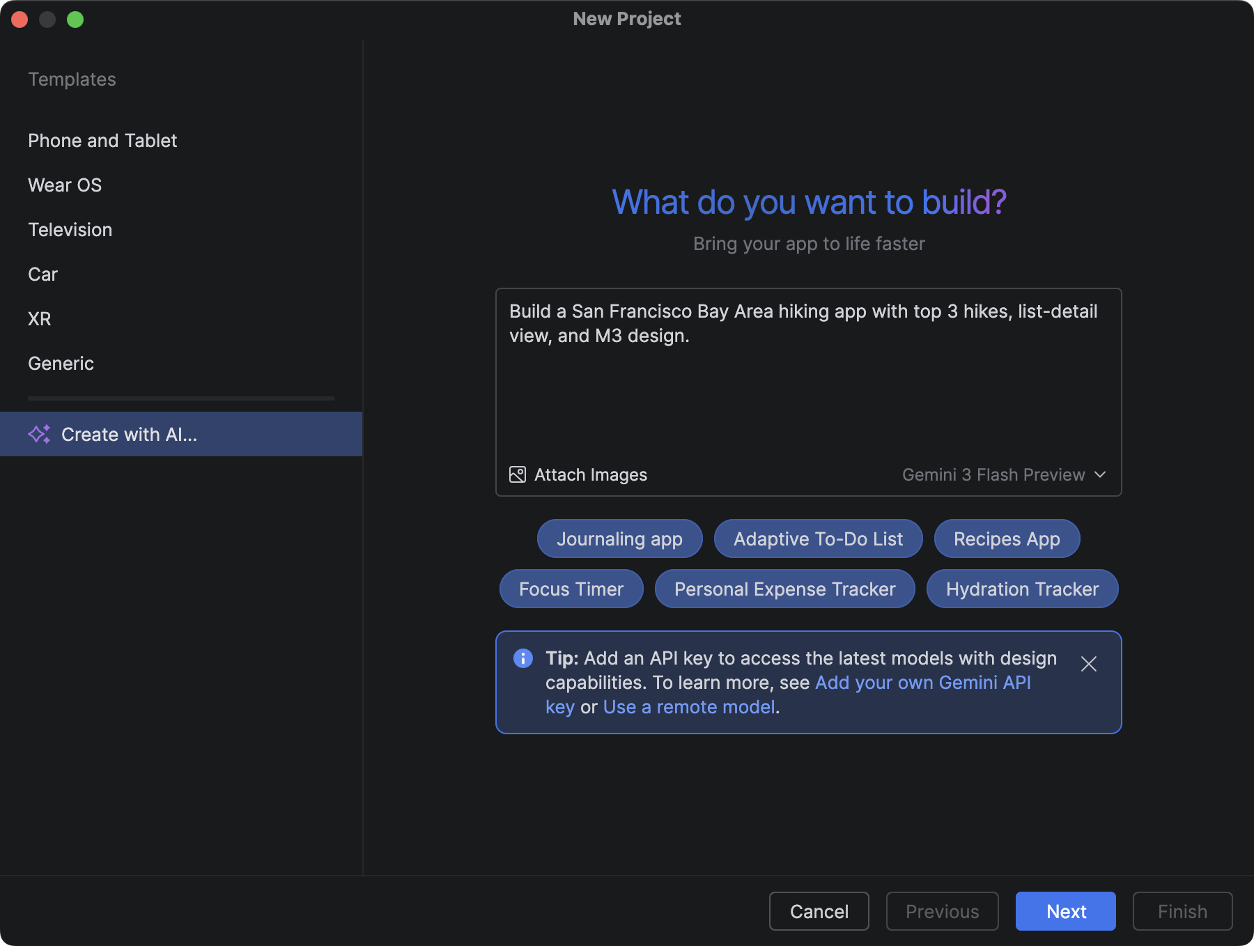 The Create with AI dialog containing the prompt:
       Build a San Francisco Bay Area hiking app with top 3 hikes,
       list-detail view, and M3 design.