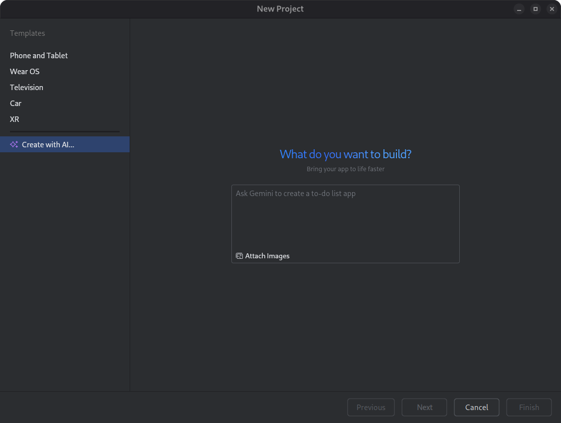 The Create with AI dialog containing the prompt: A fitness
         tracker for a phone and watch, tracking running and cycling. The
         dialog includes buttons for selecting various types of apps,
         including a fitness tracker button.