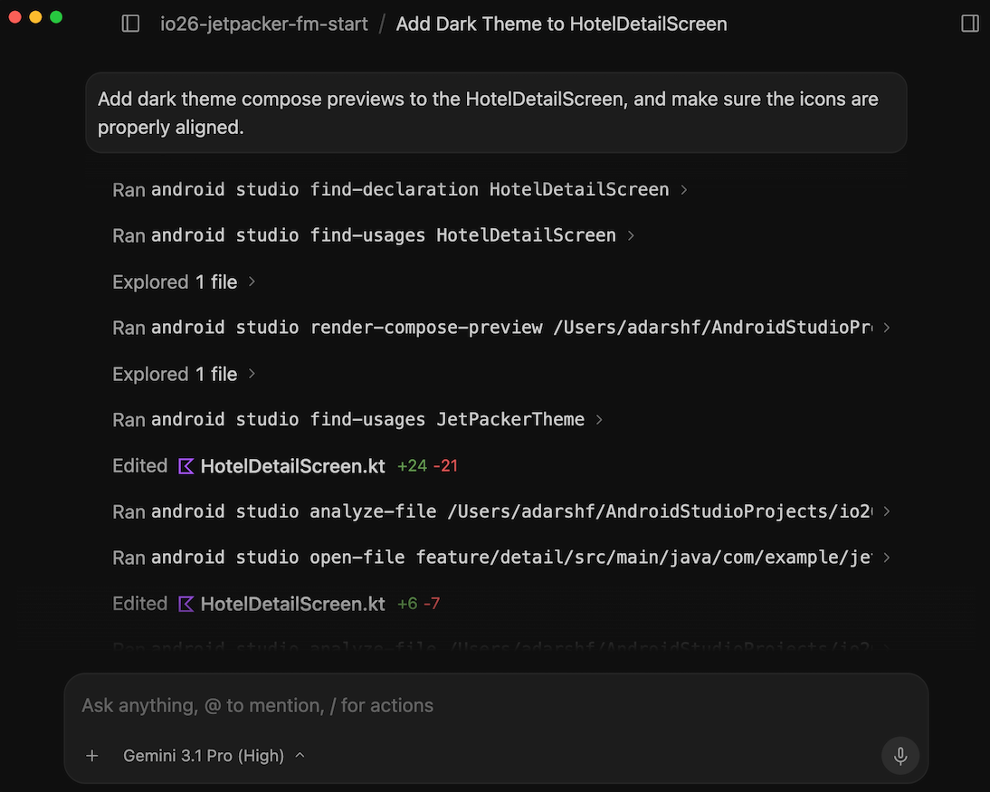 แผนภาพของเอเจนต์ที่ใช้ Android CLI เพื่อโต้ตอบกับ Android Studio IDE