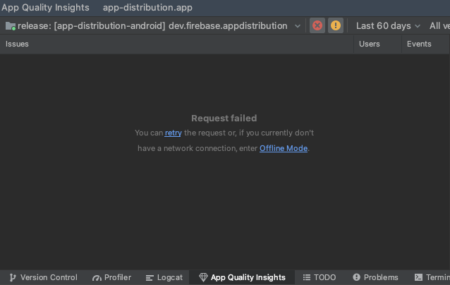 A janela "App Quality Insights" oferece a opção de modo off-line.