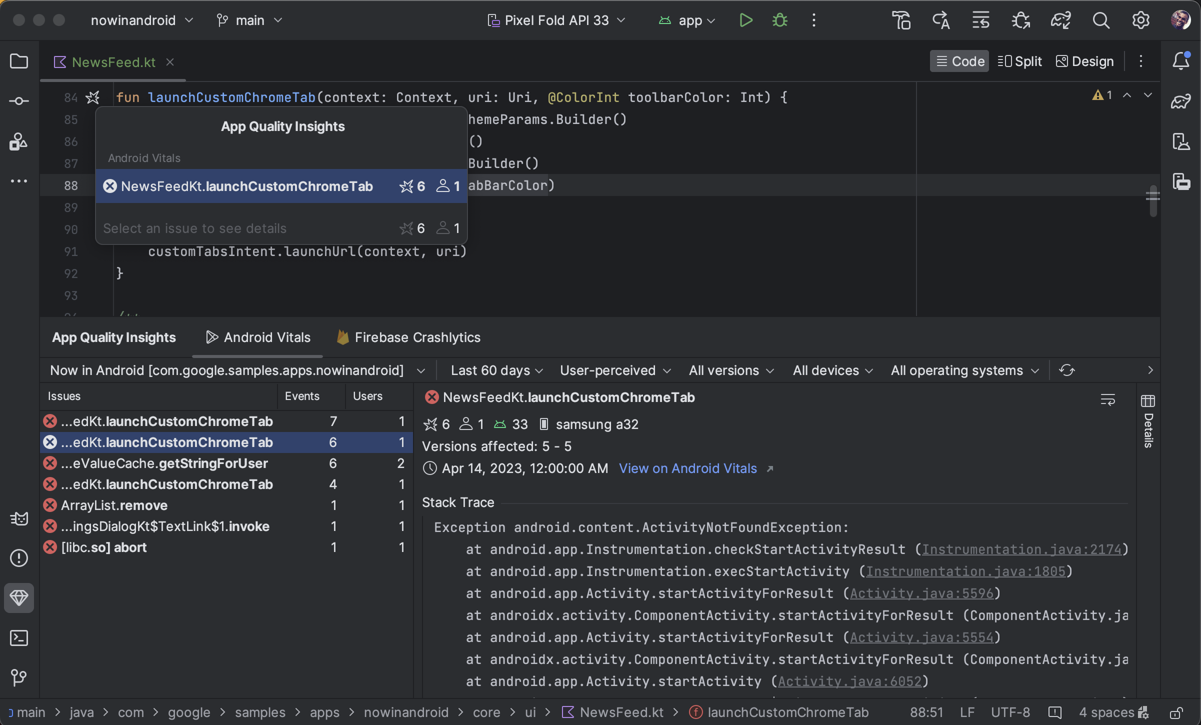 Data Android vitals di Android Studio.