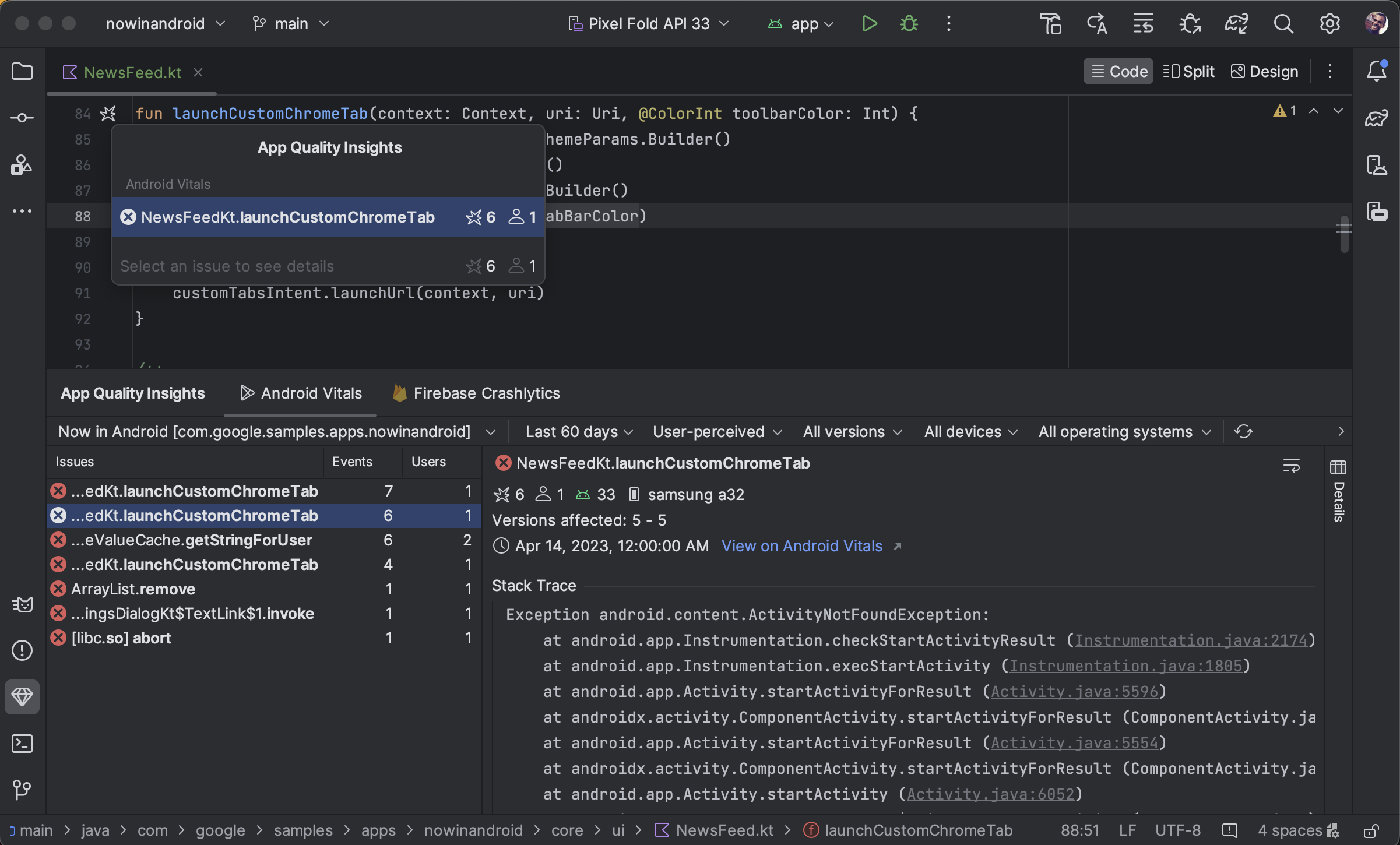 Dữ liệu của Android vitals trong Android Studio.