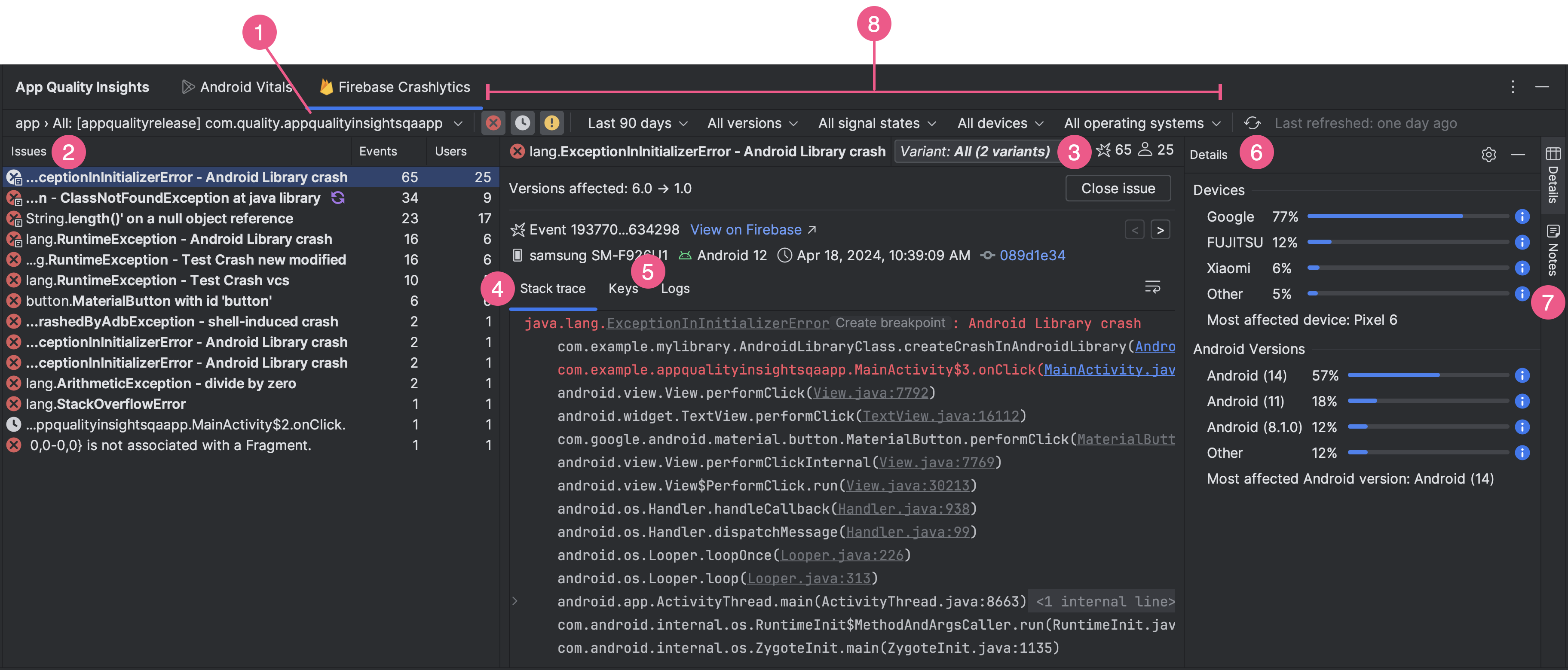 Ventana de herramientas App Quality Insights