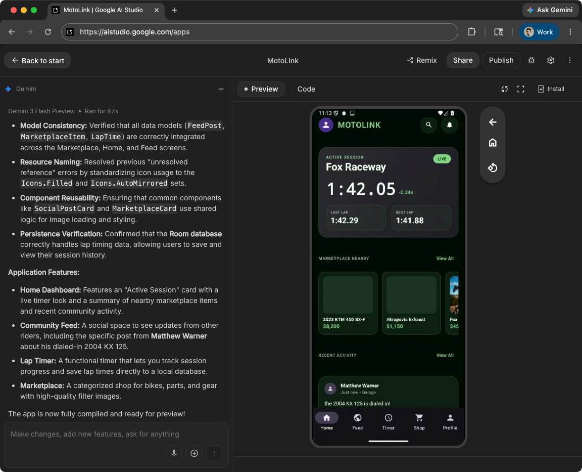 The Google AI Studio interface with an embedded emulator showing a generated app.