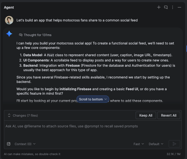 The agent guiding a user through Firebase Auth and Firestore setup in the IDE.