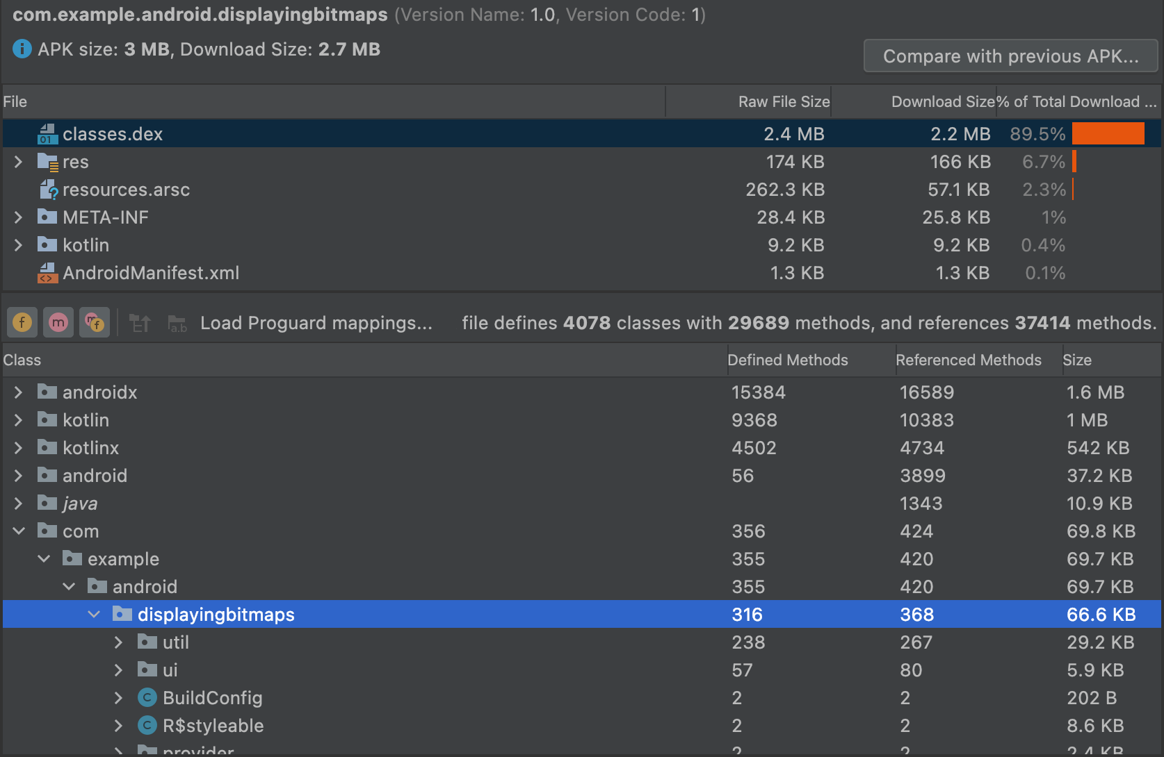 Analyze your build with the APK Analyzer, Android Studio