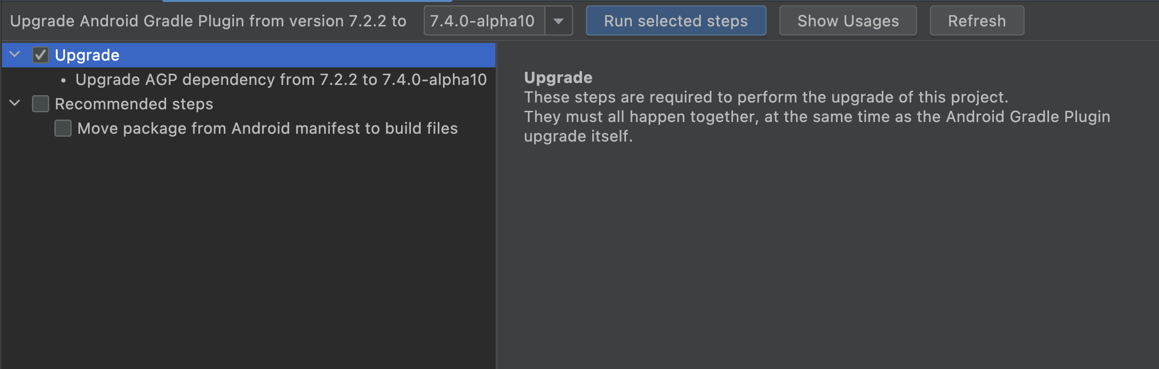หน้าต่างเครื่องมือ AGP Upgrade Assistant เมื่อเปิดใช้และข้อความแจ้งการแจ้งเตือน
