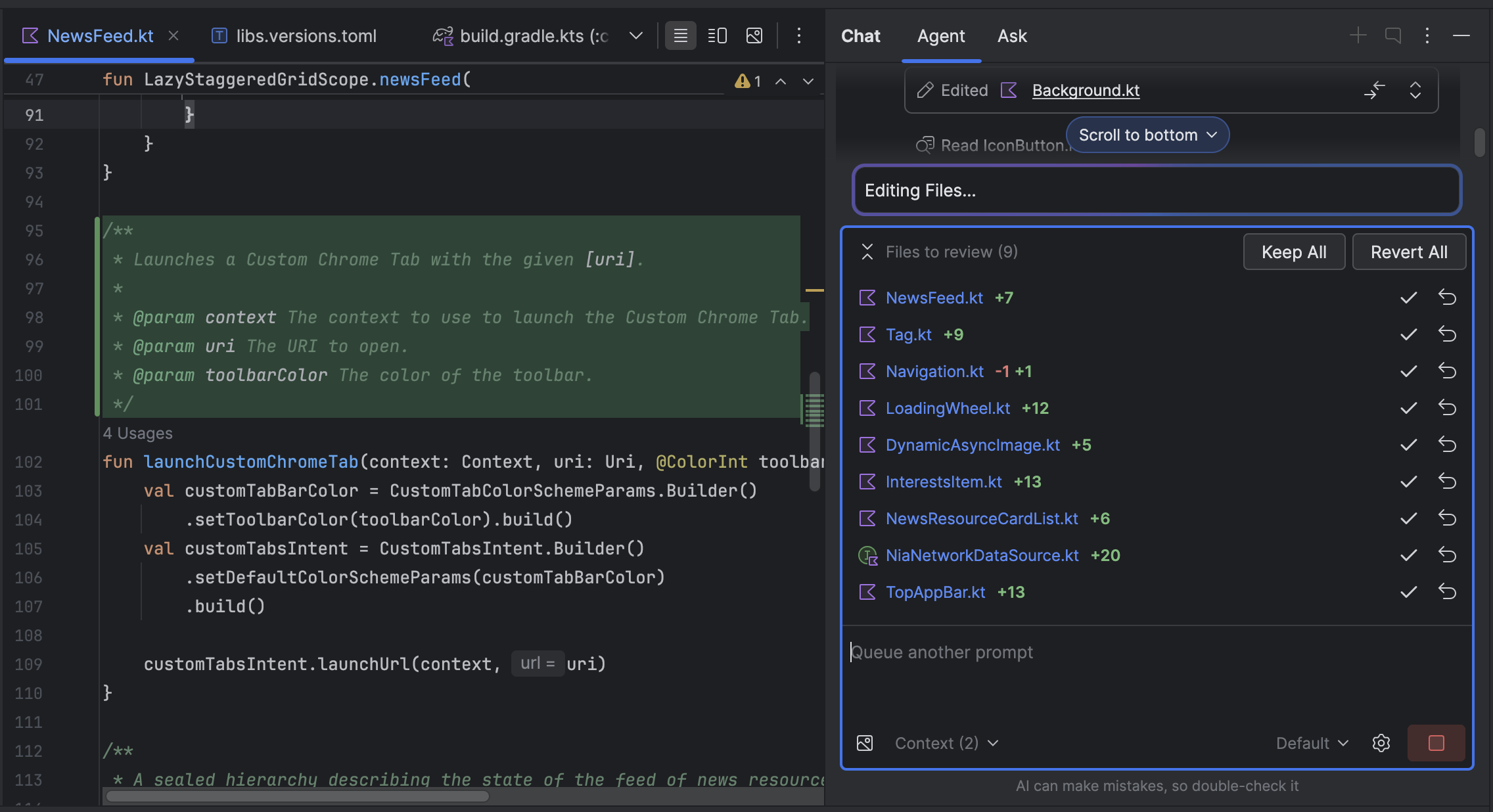 Wiele plików z proponowanymi zmianami w panelu zmian.