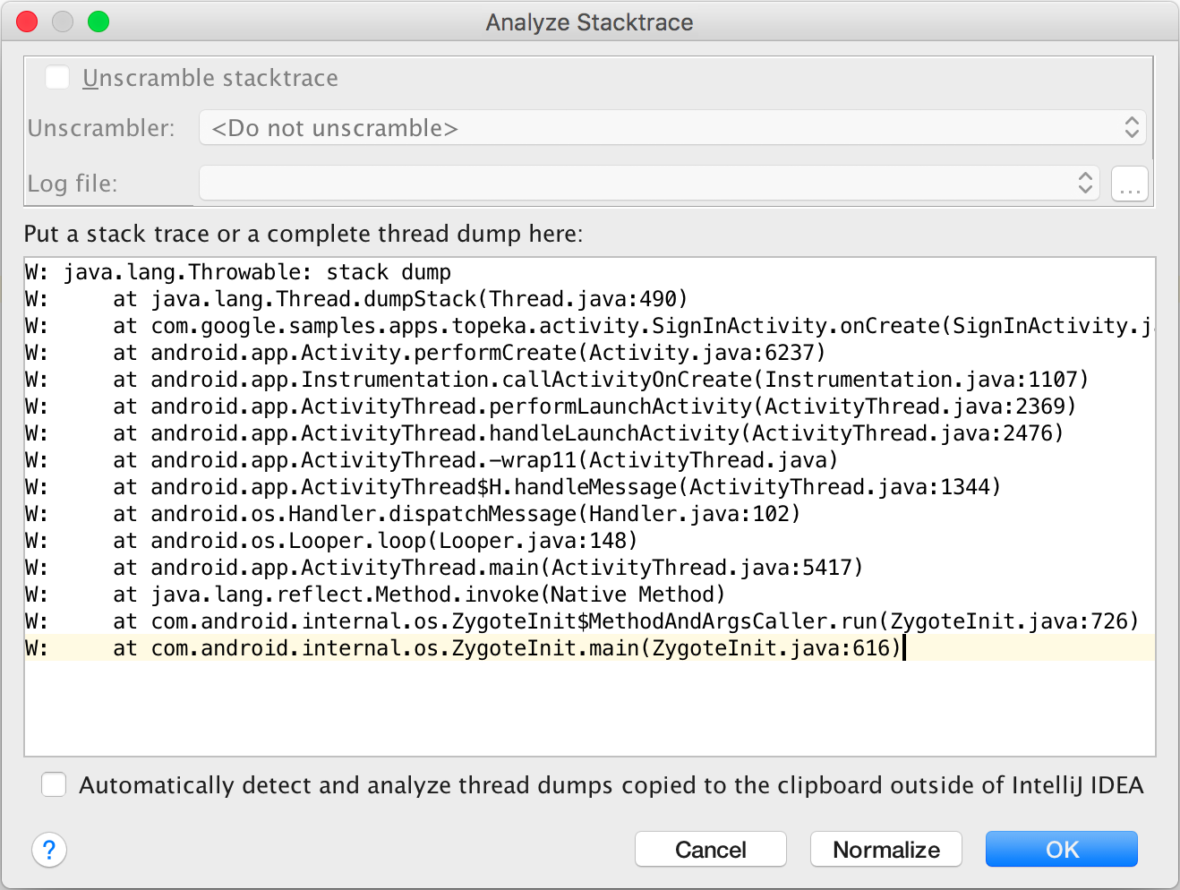 Cửa sổ Analyze Stack Trace (Phân tích dấu vết ngăn xếp)