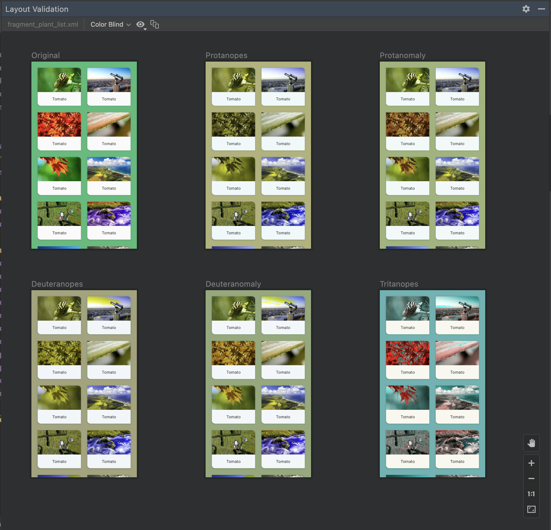 Capture d'écran d'aperçus de simulation pour différents types de daltonisme