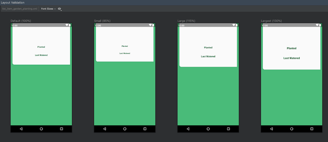 Visualizações de layouts de apps com diferentes tamanhos de fonte com erros de layout visíveis para fontes grandes