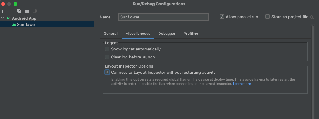 گزینه Restart Activity در Run configurations