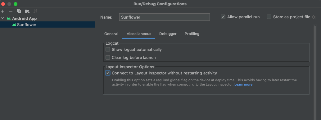 Activity restart option in Run configurations
