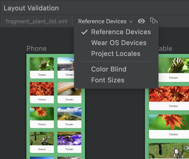 Capture d&#39;écran du menu déroulant de l&#39;outil de validation de mise en page