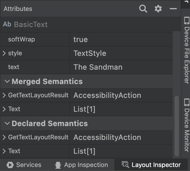 Semantic information displayed using the Layout Inspector