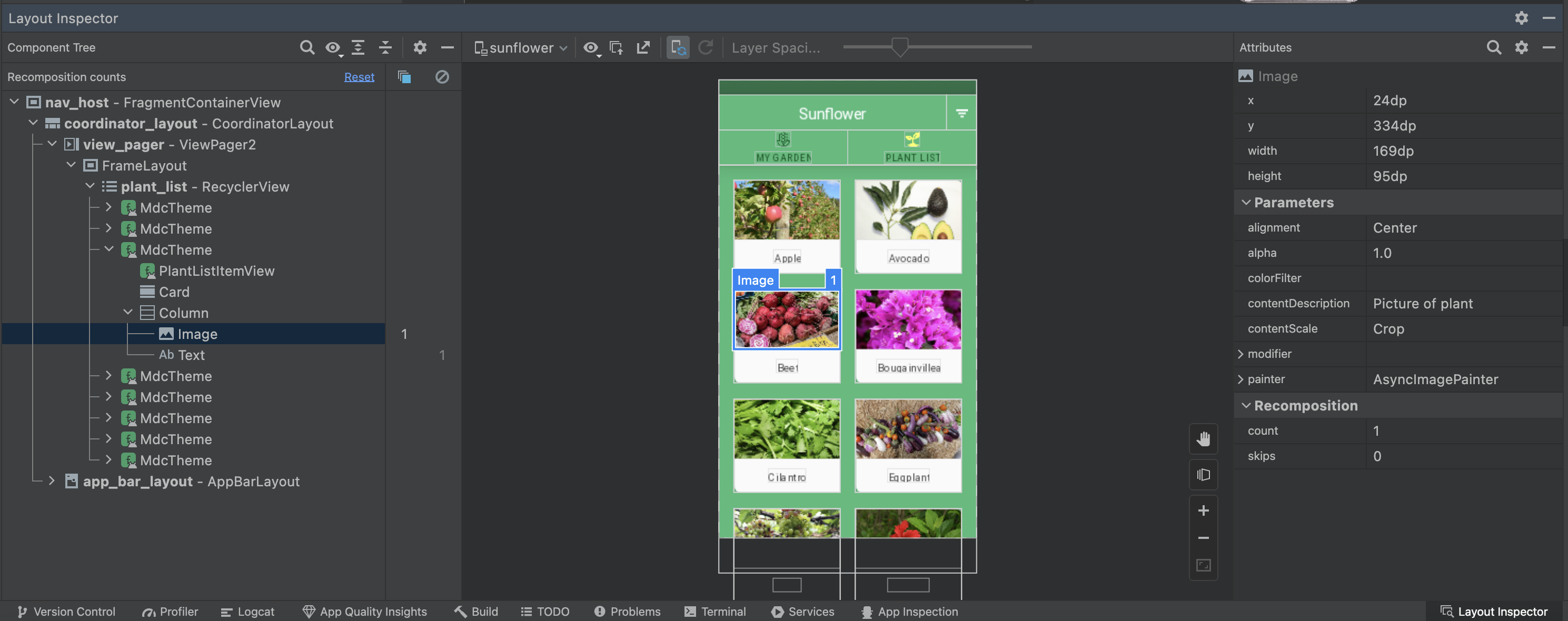 Captura de tela do Layout Inspector para o app de exemplo Sunflower
