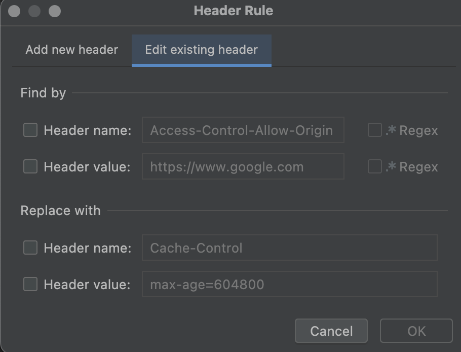 Onglet "Edit existing header" (Modifier un en-tête)