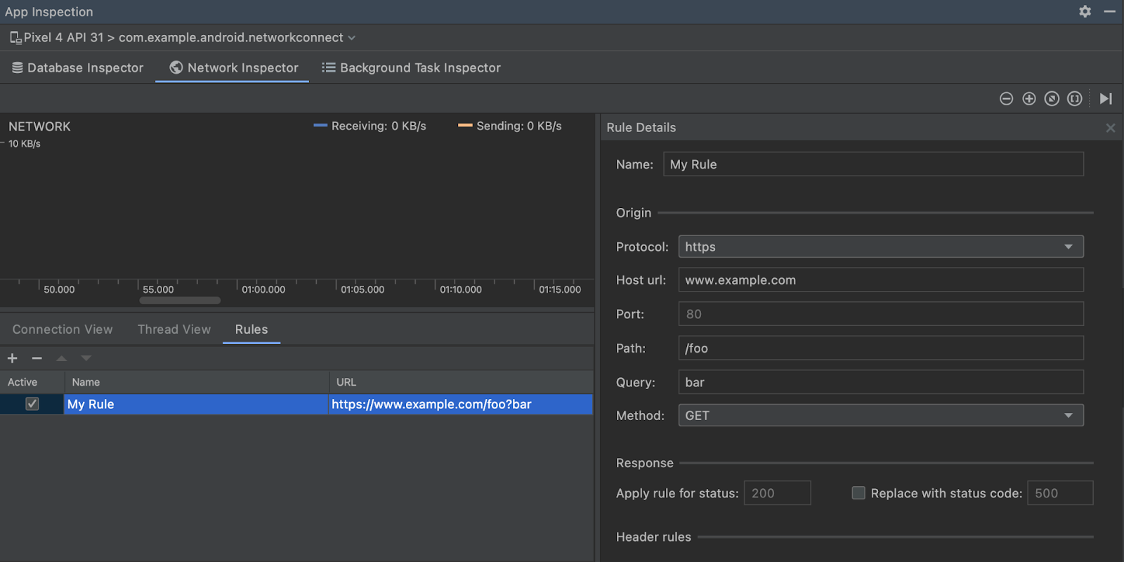 Network Inspector Rules and Rule Details panes