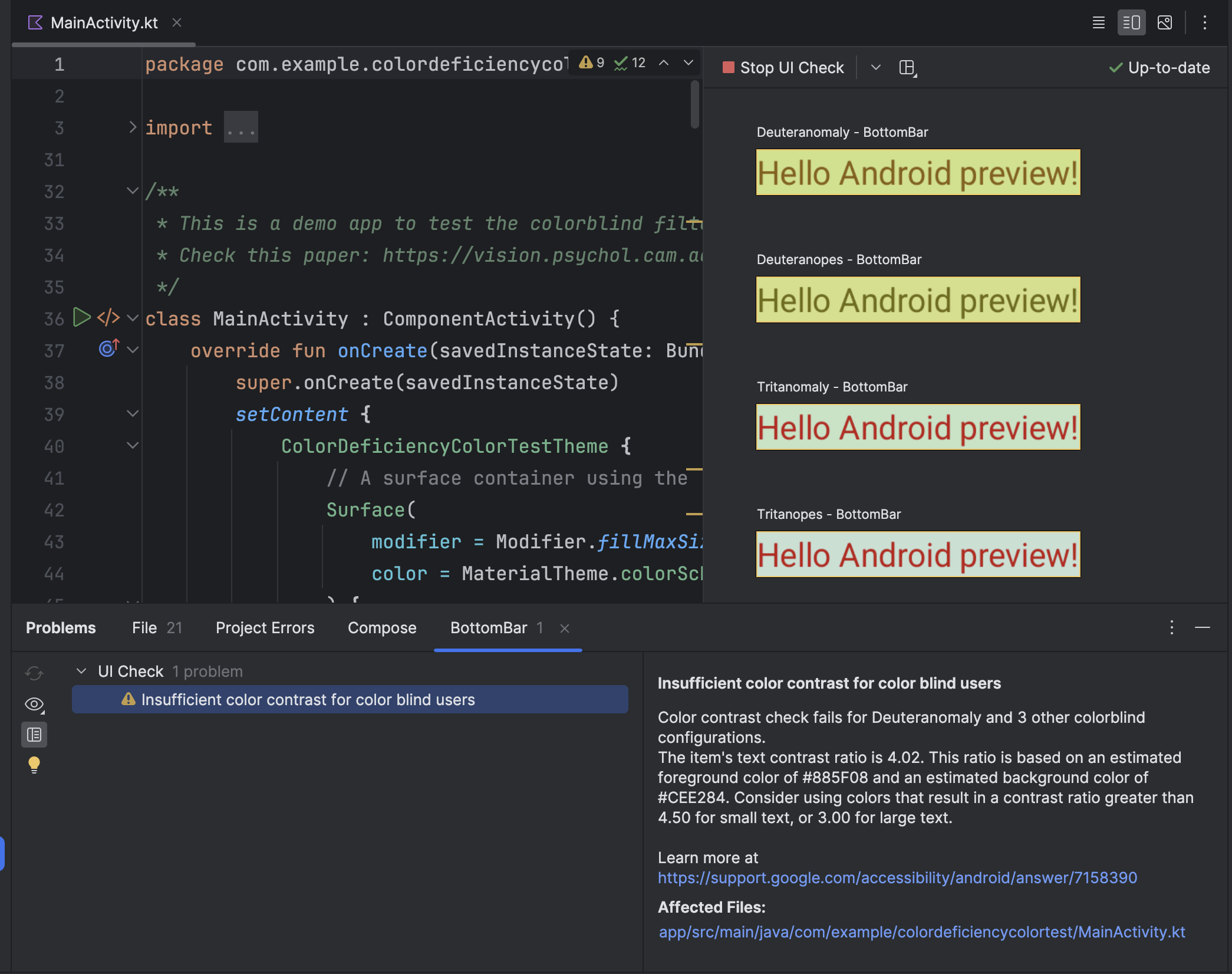Android Studio com um problema de verificação de interface selecionado no painel de problemas. O problema é sobre contraste de cores insuficiente, e o painel mostra correções recomendadas com prévias da interface para deficiências na visão das cores.