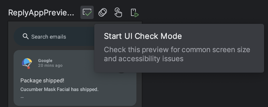 Android Studio โดยไฮไลต์ปุ่มที่มีป้ายกำกับว่า "เริ่มโหมดตรวจสอบ UI"