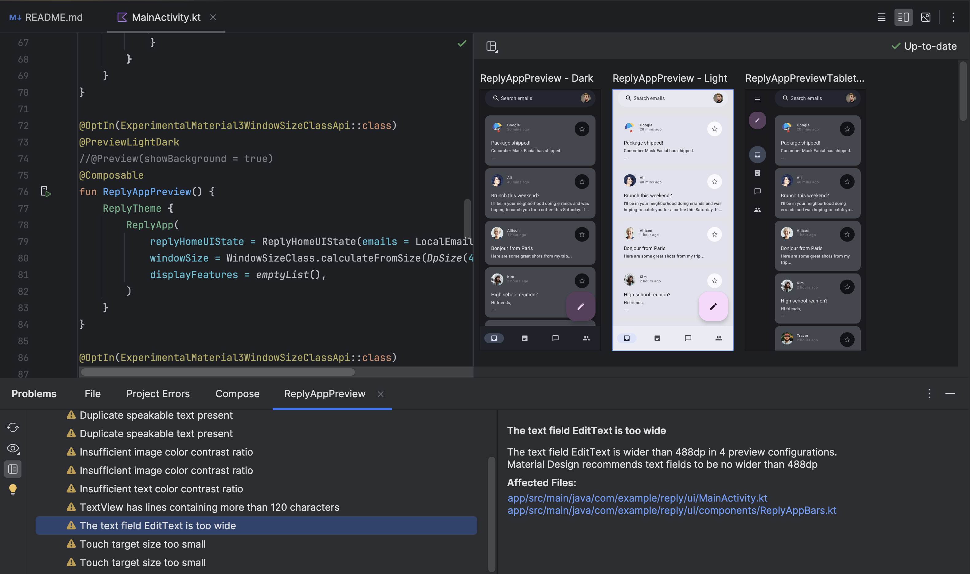 Android Studio with UI Check Mode activated. The problems panel is open, showing a list of accessibility issues detected.