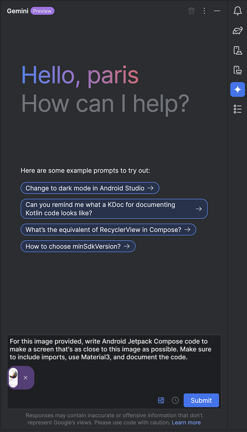 Anexo de imagem no Gemini no Android Studio