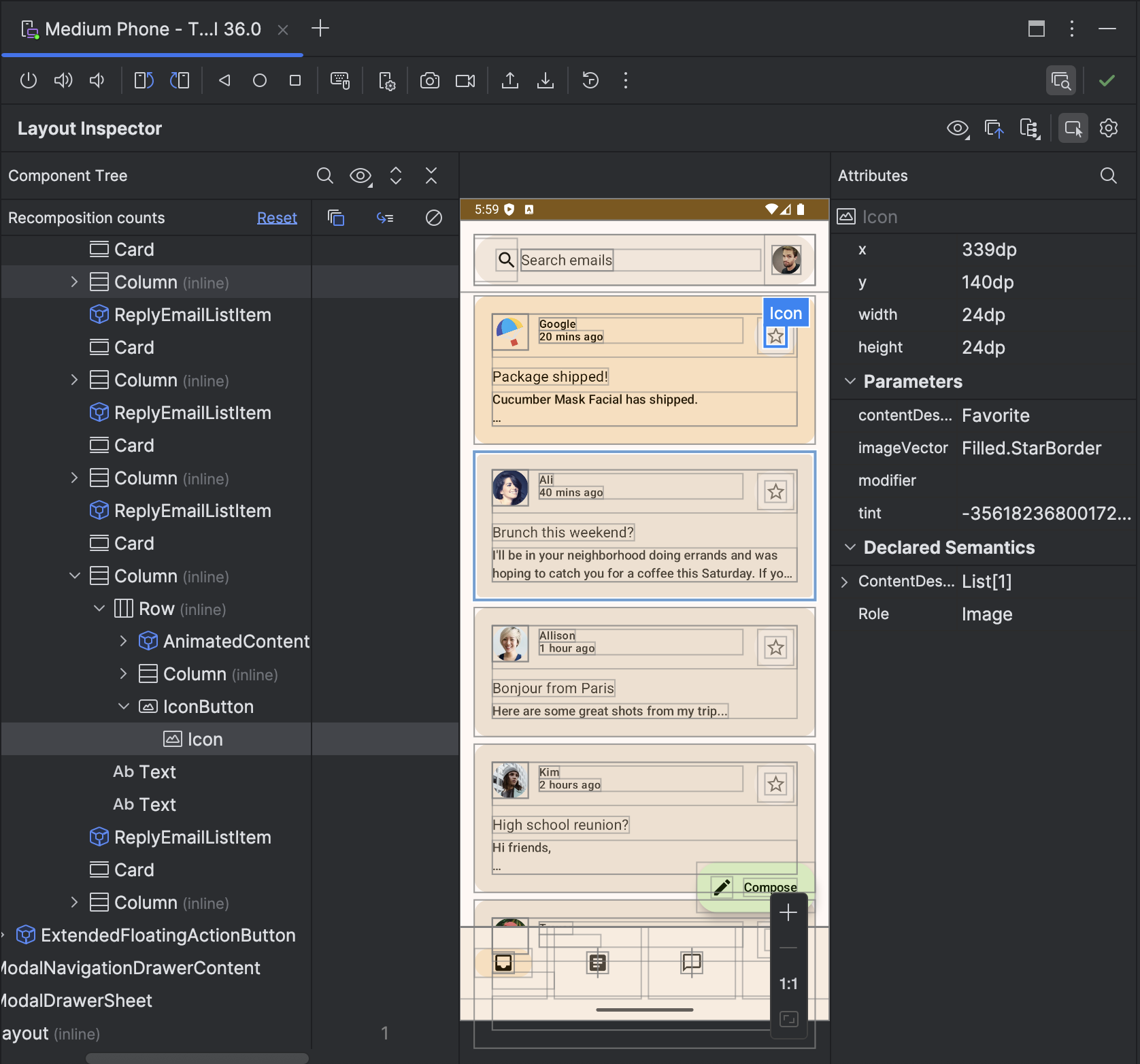 درخت مؤلفه در Embedded Layout Inspector اکنون از پیمایش افقی و پیمایش خودکار هنگام انتخاب پشتیبانی می کند.