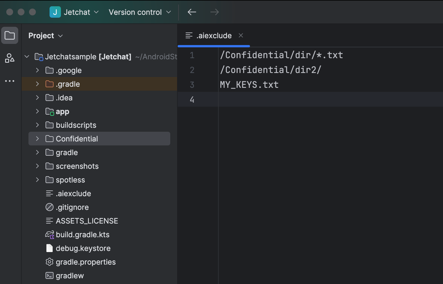 An example `.aiexclude` file in Android Studio.