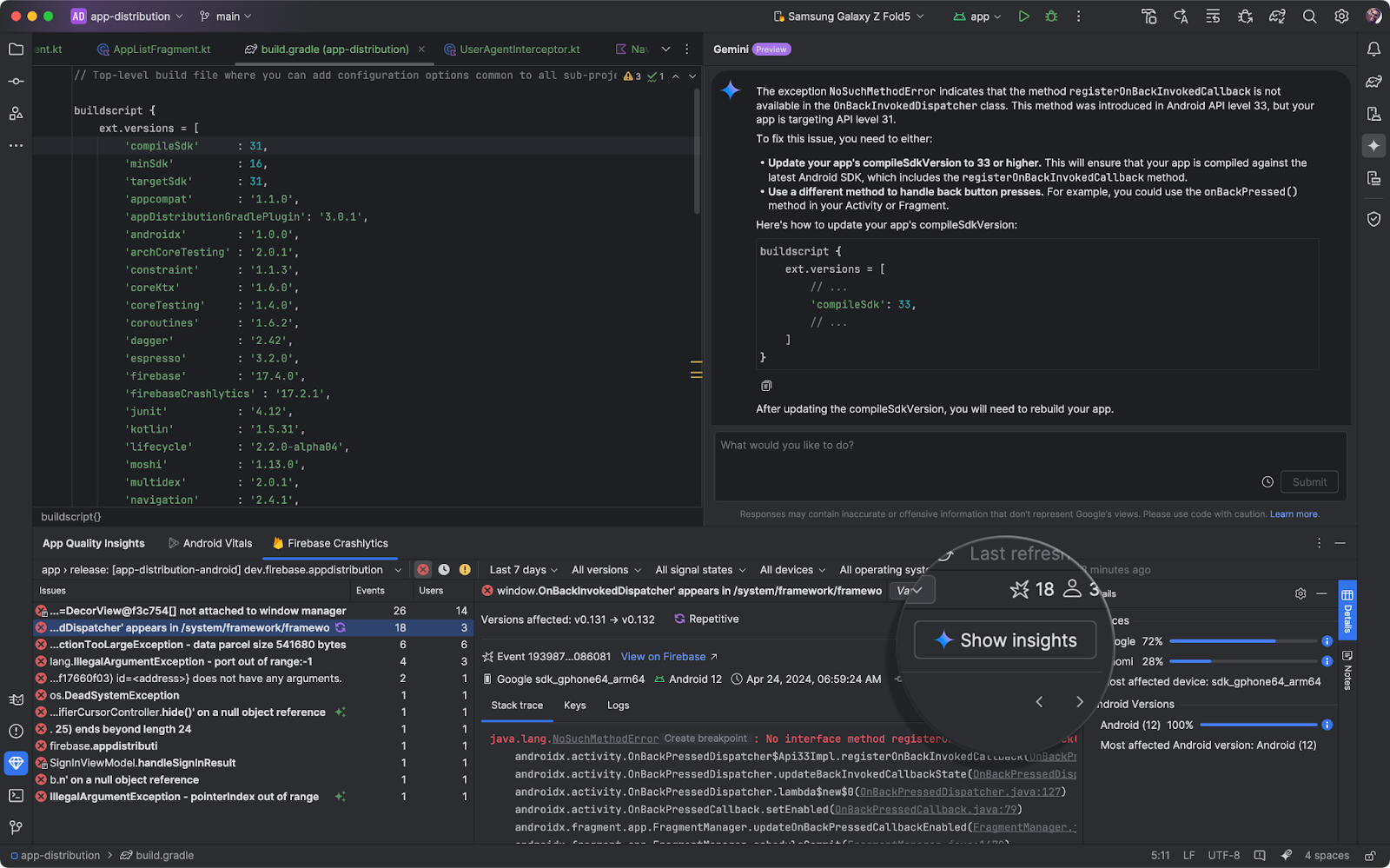 Cómo mostrar estadísticas de Gemini desde la ventana de herramientas App Quality Insights