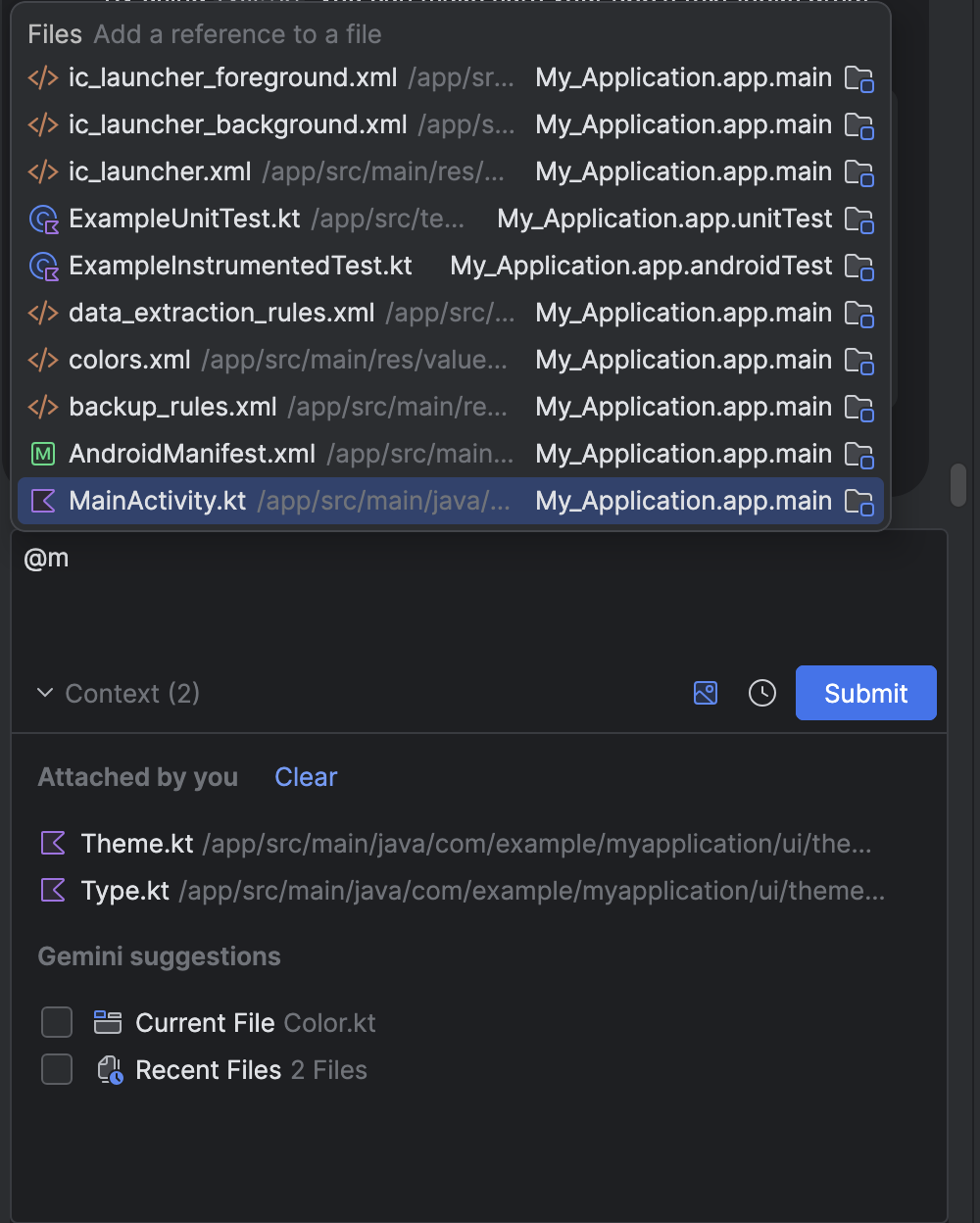 Android Studio の Gemini でのファイル添付