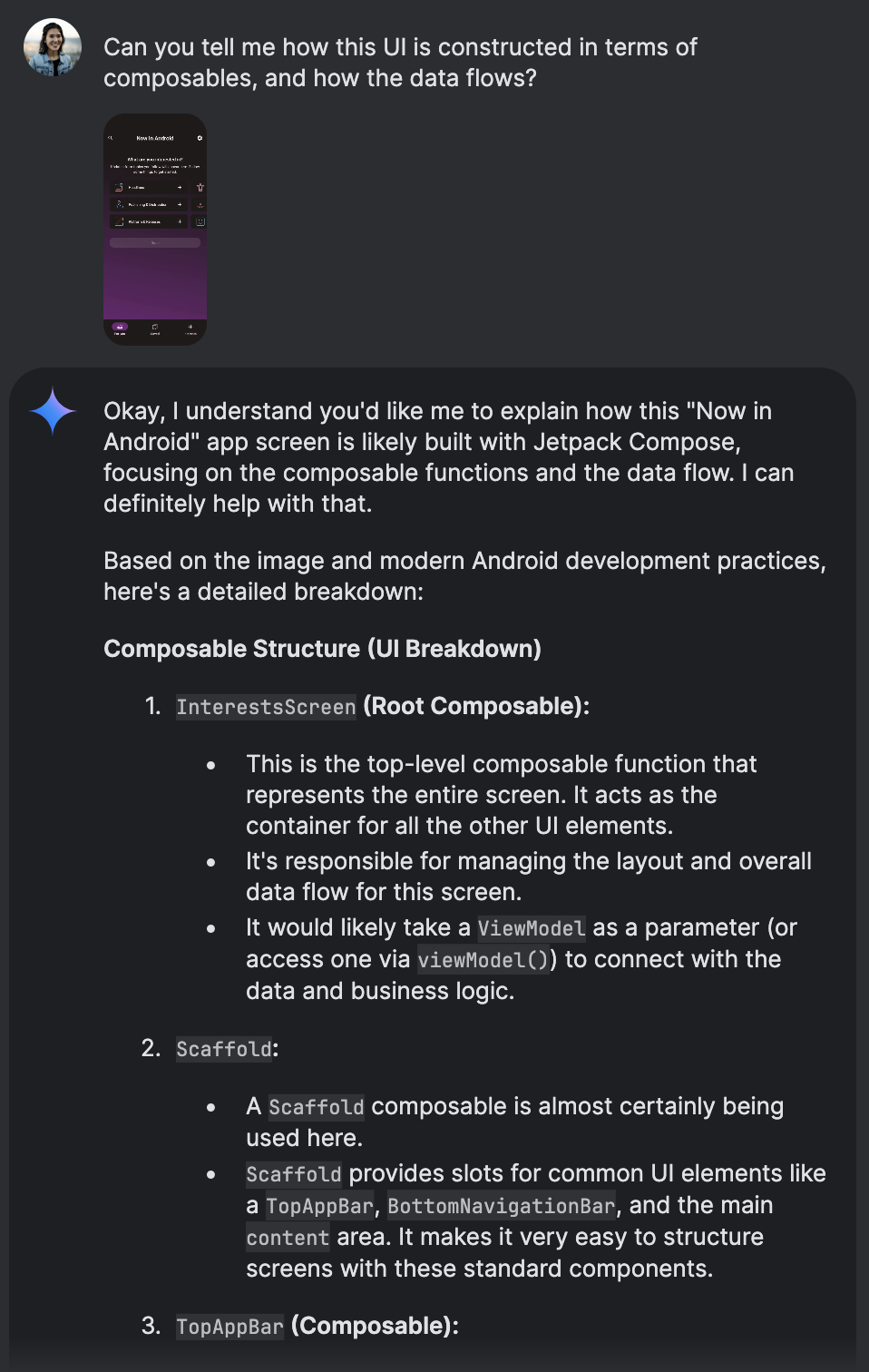 Gemini's explanation of the Jetpack Compose composables and data flow for the news article detail screen.