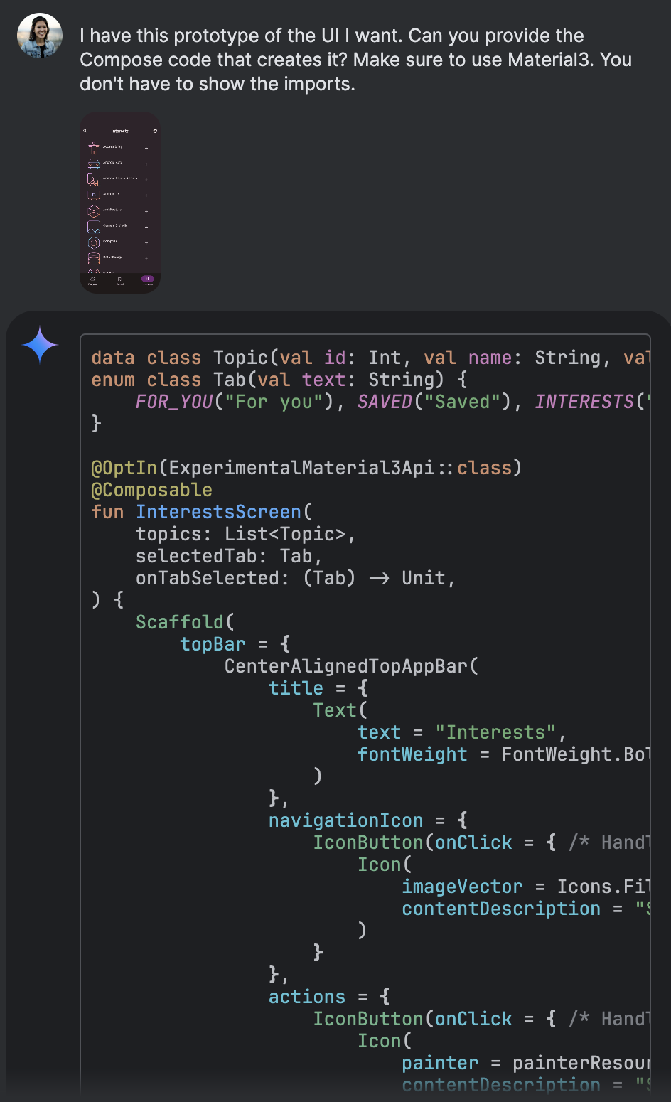 คำตอบที่เป็นโค้ดของ Gemini แสดงโค้ด Jetpack Compose ที่สร้าง UI ใหม่จากภาพหน้าจอ "Now in Android"