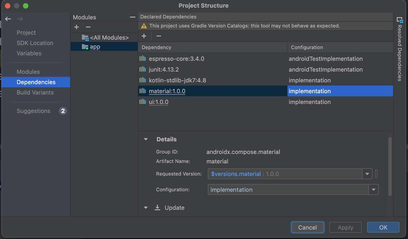 Dependencies from a version catalog in the Project Structure dialog