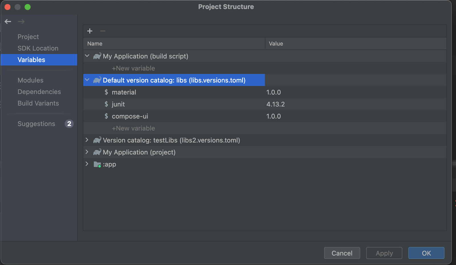 Variables from a version catalog in the Project Structure dialog