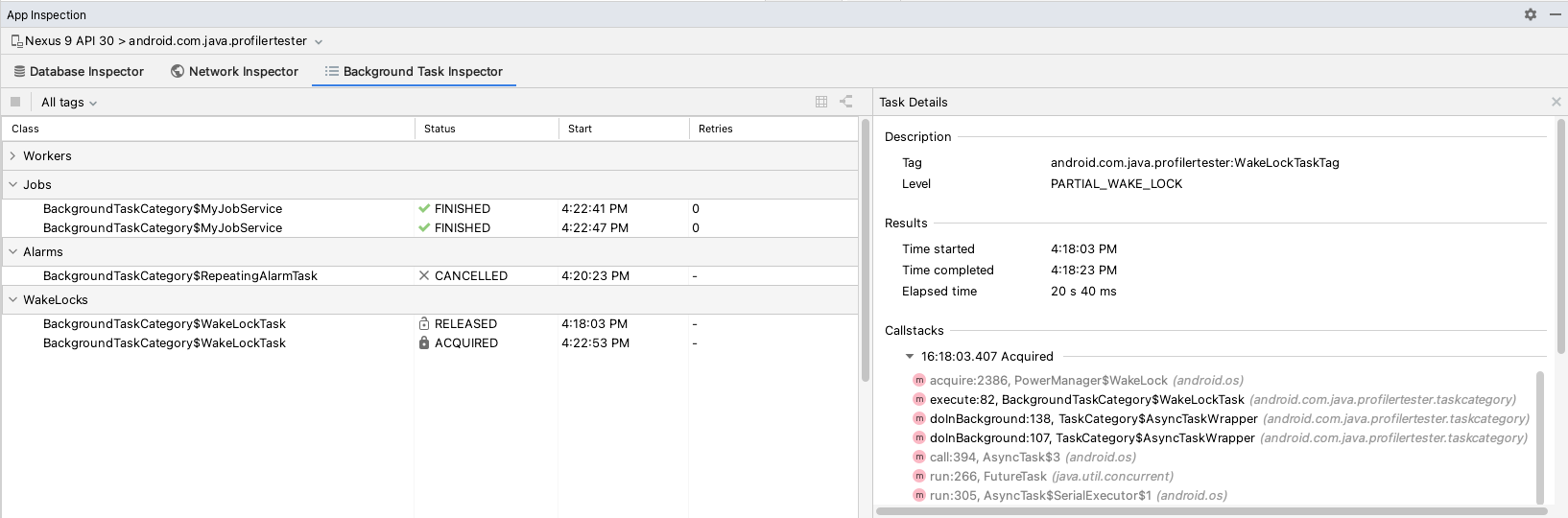 Background Task Inspector ウィンドウのスクリーンショット。
