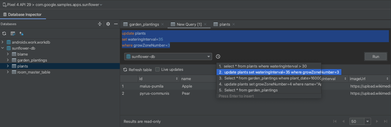 क्वेरी के इतिहास का ड्रॉप-डाउन दिखाने वाला स्क्रीनशॉट.
