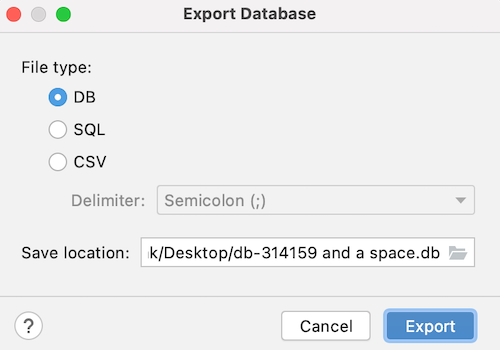 Caixa de
diálogo "Export Database"
