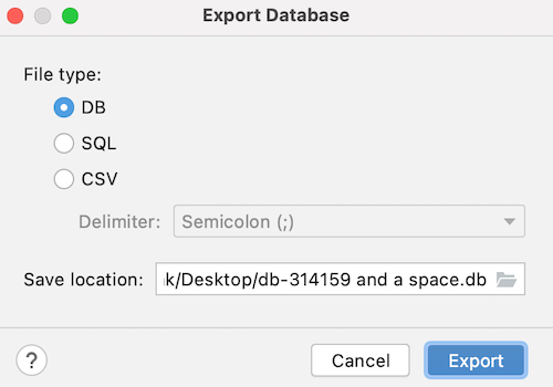 Export Database 대화상자