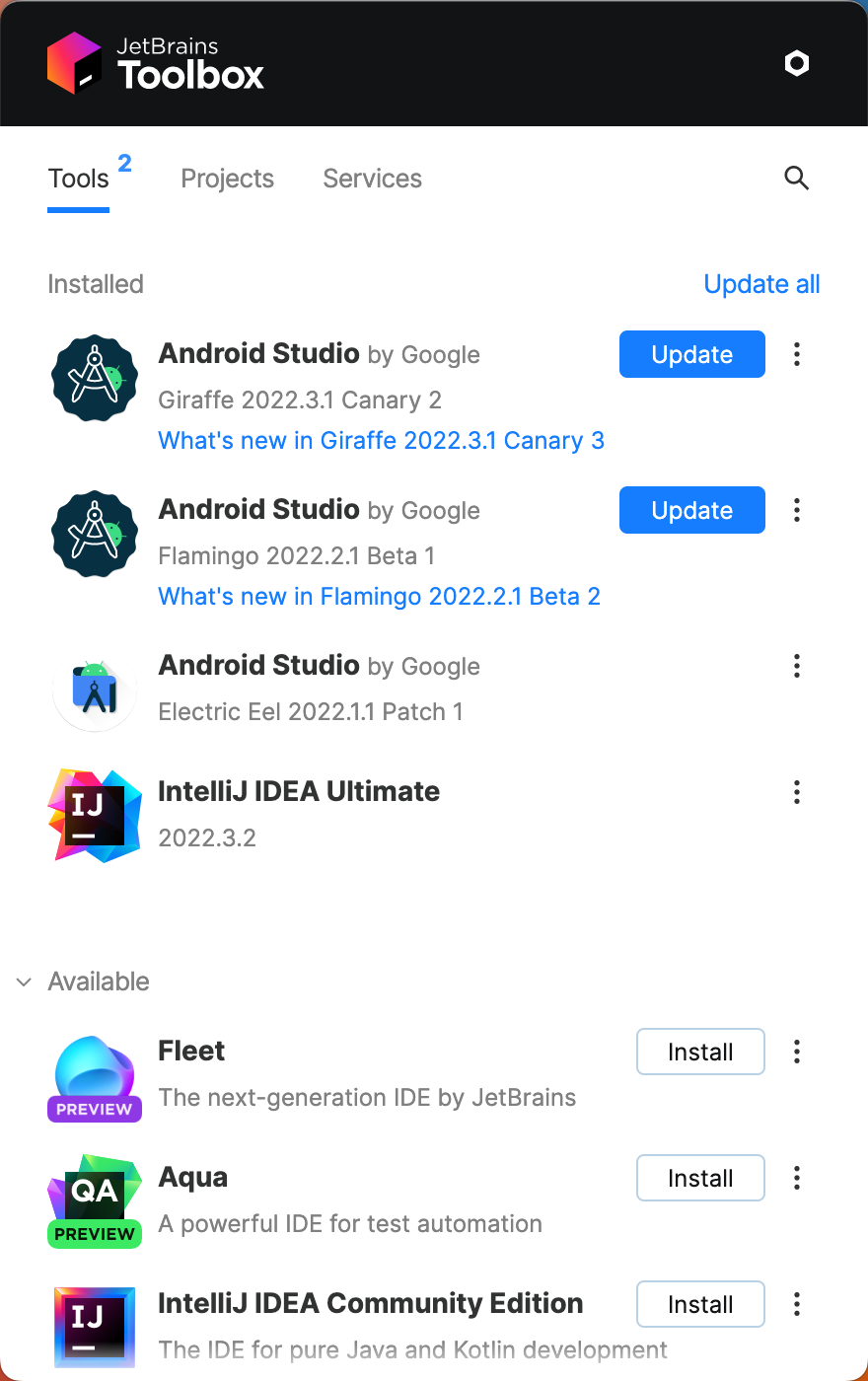 Jetbrains Toolbox zeigt verfügbare Updates an