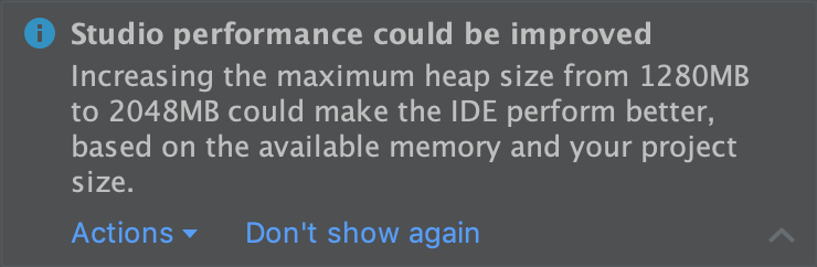 Ustawienia pamięci, które umożliwiają skonfigurowanie maksymalnej ilości pamięci RAM na potrzeby procesów Android Studio.