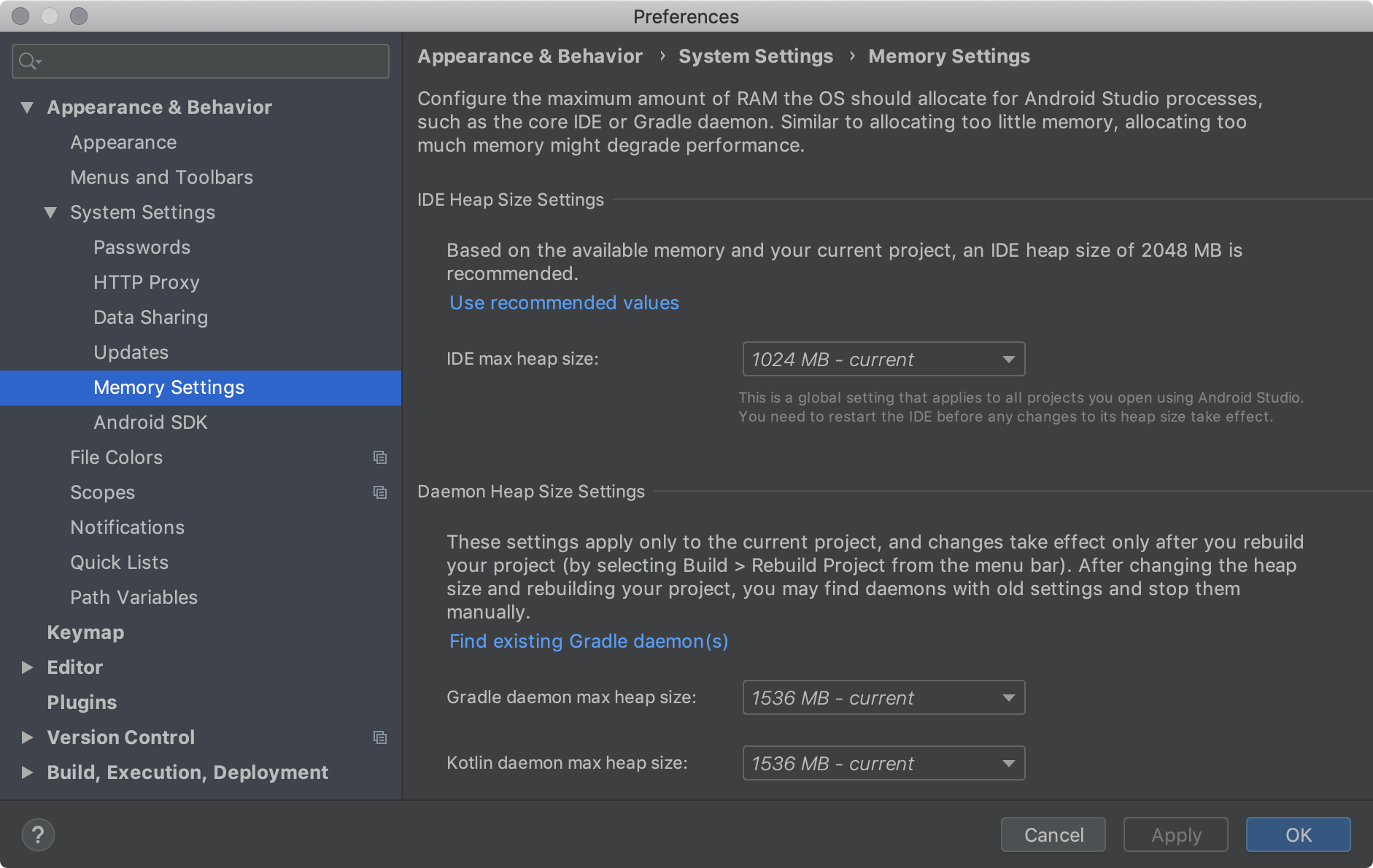 Die Speichereinstellungen, mit denen Sie die maximale RAM-Menge für Android Studio-Prozesse konfigurieren können.